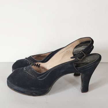 40s Peep Toe Black Shoes High Heel Slingbacks 10 