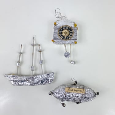 Antique Sebnitz German handmade Christmas ornaments, wire, aluminum paper, mercury beads, Clock, Boat and Graf Zeppelin Ornaments, Old World 