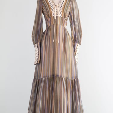 Romantic 1970's Gunne Sax Striped Prairie Dress With Lace-Up Bodice / M