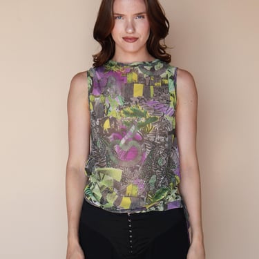 Vintage Compagnia Italiana Dead Stock Snake + Mixed Print Y2K Multicolor Mesh Tee with Side Tie sz XS S M Purple Green 