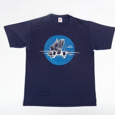 80s F-14 Tomcat Fighter Jet Shirt - Large to XL | Vintage Navy Blue Aircraft Carrier Graphic Tee 