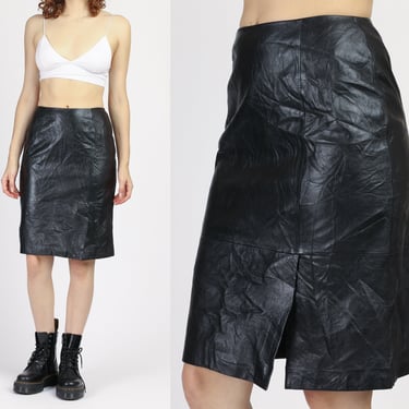 90s High Waist Black Leather Skirt - Small | Vintage Mini Front Slit Pencil Skirt 