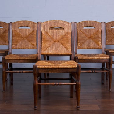 Country French Provincial Oak and Rush Dining Chairs - Set of 6 