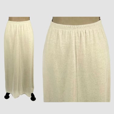 90s Ecru Jersey Knit Skirt Small, Casual Long Pencil Maxi Side Slit Linen Cotton Elastic Waist 1990s Clothes Women Vintage JONES NEW YORK 