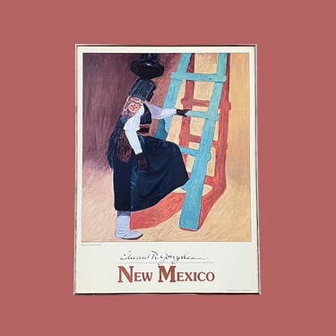 Vintage Edward R Gonzoles Print 1980s Retro Size 30x22 Southwestern + Woman Ascending a Ladder + New Mexico + Signed By Artist + Wall Art + 
