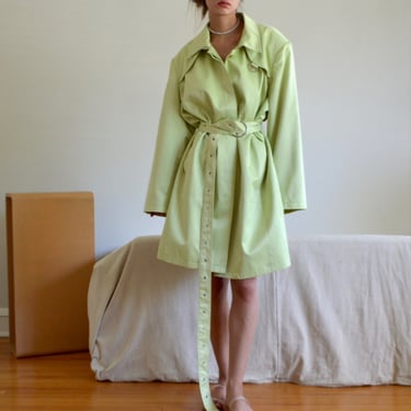 pale green satin trench coat with long grommet belt 