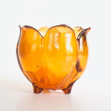 1960s Tangerine Orange Footed Flower Petal Glass Vase - Decorative Vintage Keepsake Dish - Jewelry Bowl 