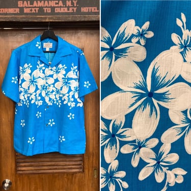 Vintage 1960’s -Deadstock- Border Print Floral Mod Tiki Barkcloth Cotton Hawaiian Shirt, Size L, Crisp, 60’s Vintage Clothing 