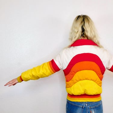 Puffer Jacket // vintage boho hippie hippy coat dress ski puff winter snow 80s 70s 1970s yellow rainbow // S/M 