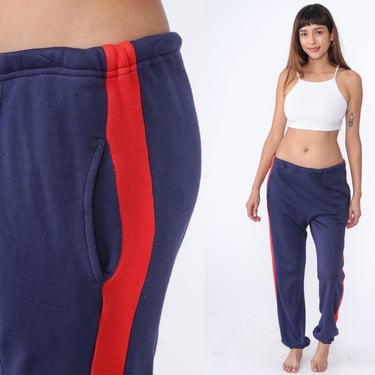 80s Sweatpants Track Pants Dark Blue Old School Jogging Red Striped Track Suit Gym Running 1980s Sports Vintage Retro Warm Up Large L 