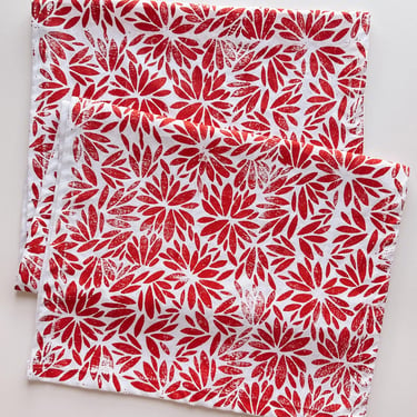 red floral burst on white. hand block printed table runner. boho decor. linen tablecloth. birthday or dinner party decor. 