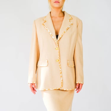 Vintage 90s ESCADA Light Sandy Tan Angora Boucle Skirt Suit w/ Silk Leopard Print Trim | Made in Germany | 1990s ESCADA Designer Skirt Set 