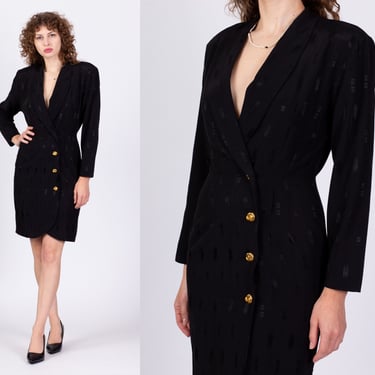 80s Black Mini Deep V Suit Dress - Small | Vintage Gold Button Up Long Sleeve Secretary Office Dress 
