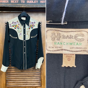 Vintage 1940’s “H Bar C” Jet Black Western Cowboy Gabardine Rockabilly Shirt, 40’s Snap Button Shirt, Vintage Clothing 