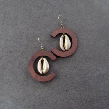 Cowrie shell earrings, bronze and brown earrings, bold statement earrings 