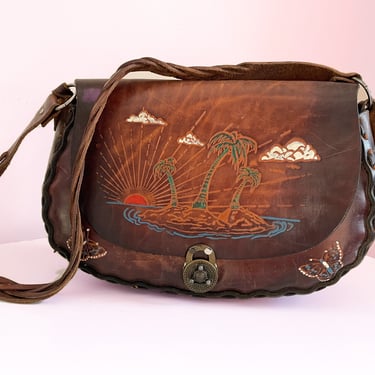 Vintage 1960s RARE OVERSIZE hand crafted leather shoulder bag | hand tooled & painted signed artisan hippie purse 