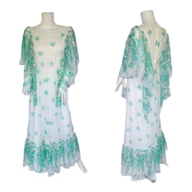 Ethereal 1970's White Mint Green Chiffon Angel Wing Maxi Dress I Sz Med 
