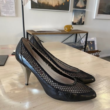 1980s high heels, vintage shoes, 80s pumps, la Marca, black leather, mesh fishnet, size 7, Italian, silver heel, fetish style, sexy shoes 