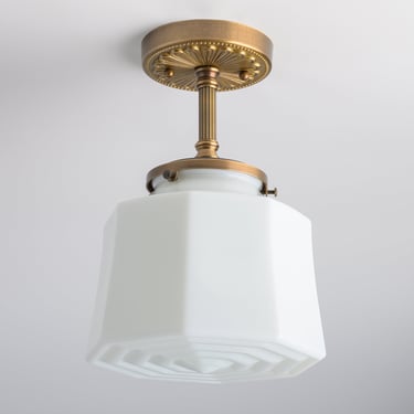 White Glass fixture - Semi Flush Lighting - Heavy Gauge Brass Ceiling Light Fixture - Ornate Lighting - Historic Design - Drum Shade 