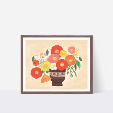 Orange and Yellow Poppies in Vase 8 X 10 Art Print/ Floral Still Life Illustration/ Botanical Home Decor/ Flower Bouquet Home Decor 