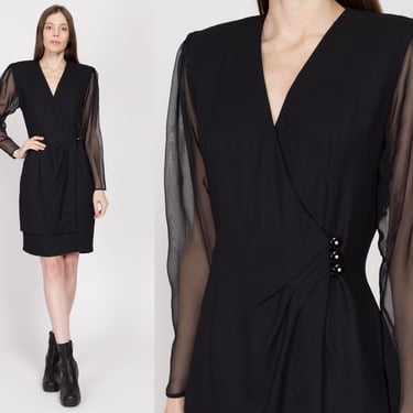 Medium 80s Black Sheer Sleeve Secretary Wrap Dress | Vintage Button Front Long Sleeve Mini Sheath Dress 