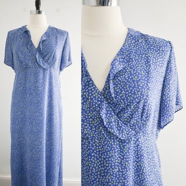 1990s Blue Floral Bias Maxi Dress 