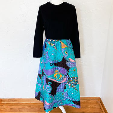 60s Black and Quilted Psychedelic Gem Toned Hostess Maxi Dress | Large 