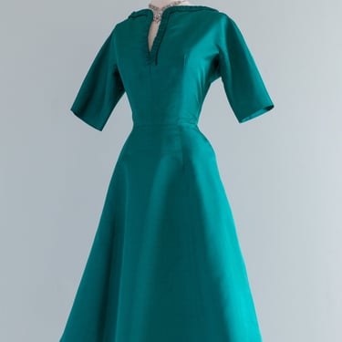 Elegant 1950's Bottle Green Silk Cocktail Dress By Jerry Parnis / Medium