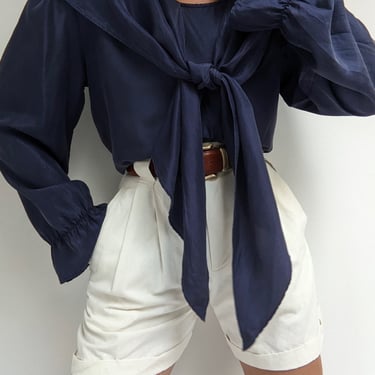 Vintage Midnight Silk Tie Collar Blouse
