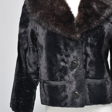 1960s black faux fur jacket with fur collar XS-M 