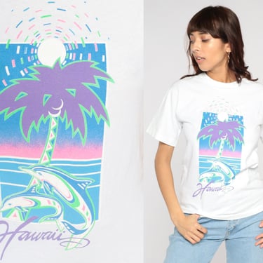 90s Hawaii T Shirt Neon Palm Tree Beach Graphic Tee Retro Tourist Tropical Shirt Travel Hipster Top White Single Stitch Vintage 1990s Small 