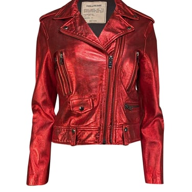 Zadig & Voltaire - Red Metallic Leather Cropped Jacket Sz 8