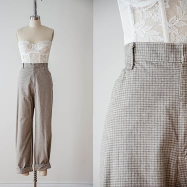 high waisted pants | 80s 90s plus size vintage Lee Casuals gray beige plaid checkered pleated dark academia cotton trousers 