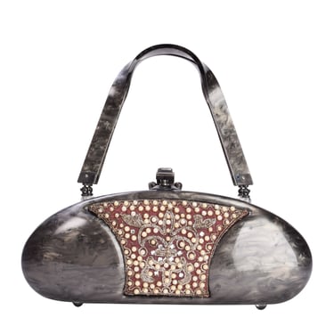 Llewellyn Vintage c. 1954 Embellished Marbled Grey Pearl Lucite Torpedo Handbag