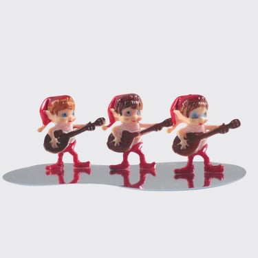 Kitsch Red Plastic Pixie Putz Figures set of 3, Vintage Banjo Playing Imps for Villages, Package Decorations or Display, PLEASE READ LISTING 