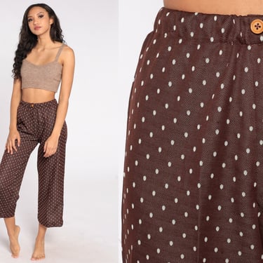 70s Straight Leg Pants -- Brown Polka Dot Pants 1970s Trousers Creased Wide Straight Leg Trousers High Waist Vintage Seventies Small xs s 
