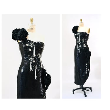 Vintage 80s Prom Dress Small Black Sequin Party Dress Size XXS XS// 80s Vintage Metallic Sequin Black Drag Queen Pageant ruffle Dress XXS xs 