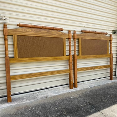 Set of 2 Vintage Twin Headboards with Faux Bamboo and Rattan - Brown Wooden Coastal Hollywood Regency Bedroom Furniture Pair 