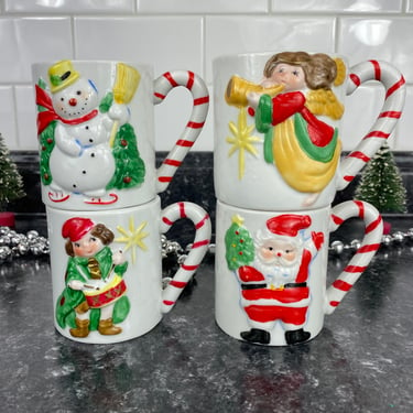 Vintage J.S.N.Y. Taiwan Christmas Mug Set of 4, Ceramic Holiday Mugs, Santa Mug, Snowman Mug, Angel Mug, Drummer Mug, Hand painted Holidays 