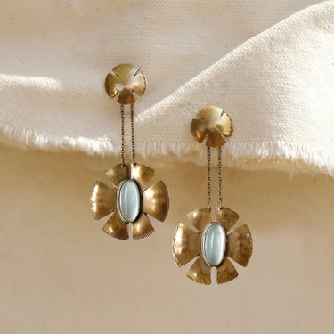 Flora Earrings - Oxidized Brass, Sterling Silver + Blue Moonstone Glass
