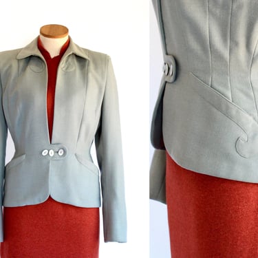 1940s Powder Blue Wool Tailored Ladies Suit Jacket - Hyde Park Vintage 40s Fitted Light Blue Blazer - Medium 