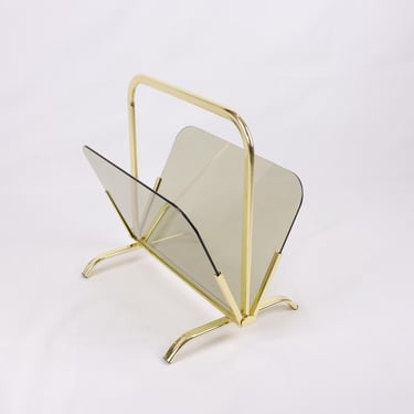 1970s Vintage Brass and Smoked Glass Magazine Rack | Mid Century Modern Magazine Holder | Newspaper Stand | Stylish Storage for Living Room 