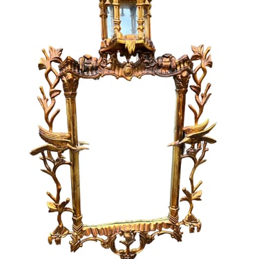 Beautiful vintage chinoiserie mirror with pagoda and birds 
