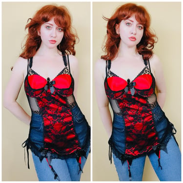 Y2K Dreamgirl Red and Black Bustier / Vintage Lace Bow Ribbon Floral Garter Teddy / Large 