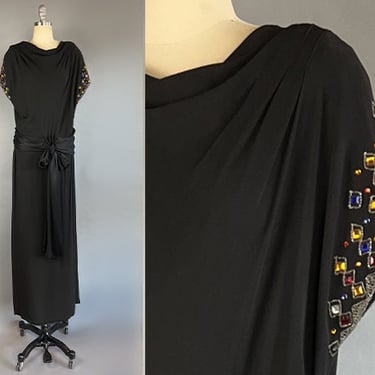 1930s Jeweled Gown / Rare Size XL / 1930s Black Silk Crepe Gown With Gem Tone Jewels on Sleeves / Rare Vintage Size Extra Large 