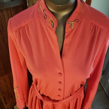 Vintage 60s/70s Peachy Orange Maxi Dress or Lounger/Hostess Dress Chainstitch Embroidery  S/M  TALL Alison Ayres Original 