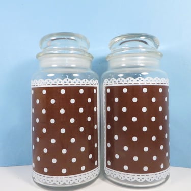 Vintage Anchor Hocking Glass Jars Brown Polka Dots and Lace - Two Polka Dot Glass Jars 