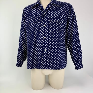 1940's-50's Gabardine Shirt - Polka Dot Printed Rayon - Flap Patch Pockets - Loop Collar - ARROW BRAND - Men's Size ML Medium 