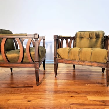 Vintage Pair of Tufted Upholstered Wood Lounge Chairs 