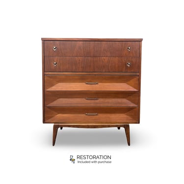 United Furniture Vintage Mid Century Modern Recessed Diamond 5 Drawer Highboy Dresser c. 1960s 